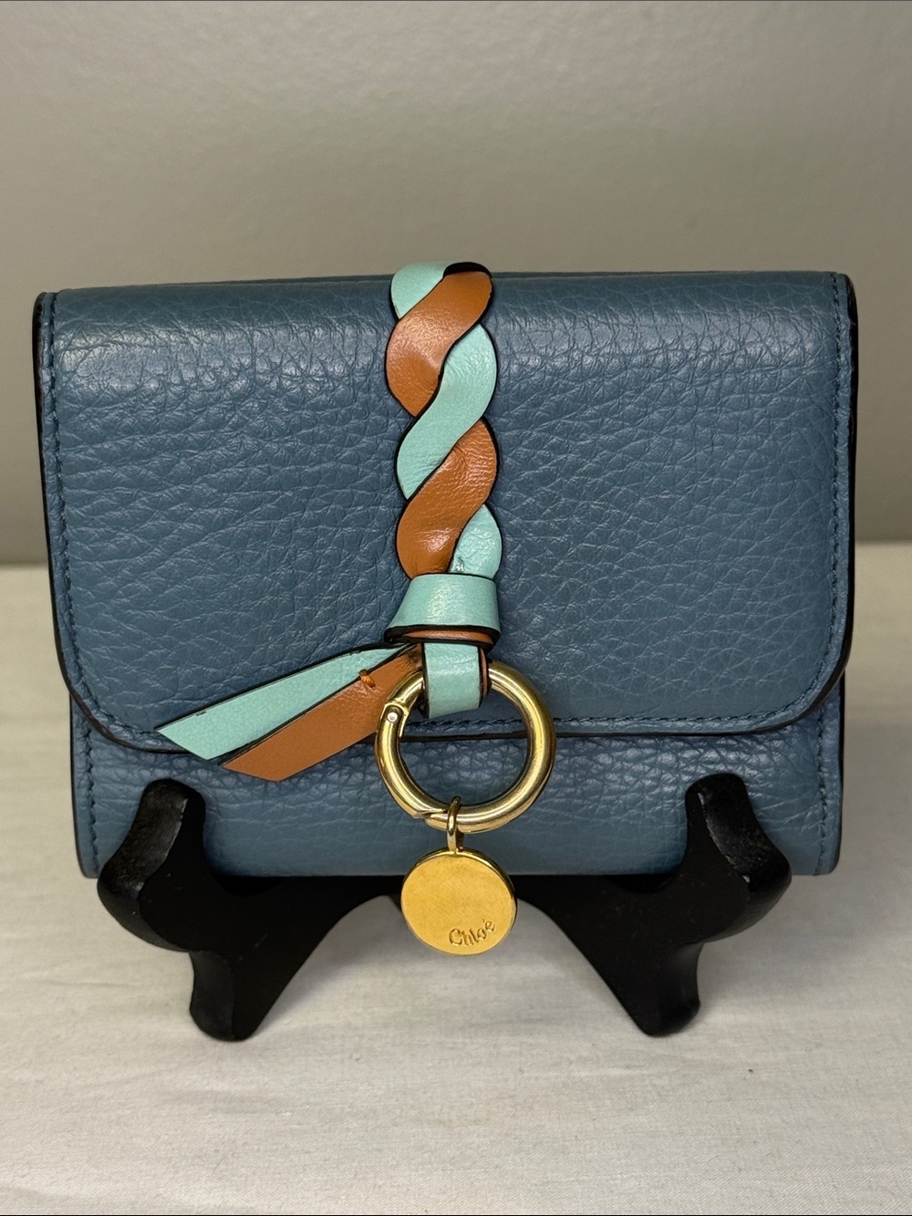 Chloé Alphabet Blue Grained Leather Compact Trifold Wallet Gold Charm